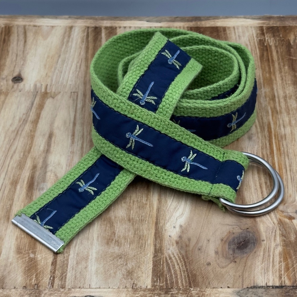 Dragonfly Canvas D-Ring Belt Green Navy Blue Embroidered Y2K Accessory 41"